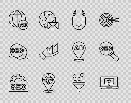 Set line SEO optimization, Laptop with star, Magnet, Target, Advertising, Pie 스톡 일러스트