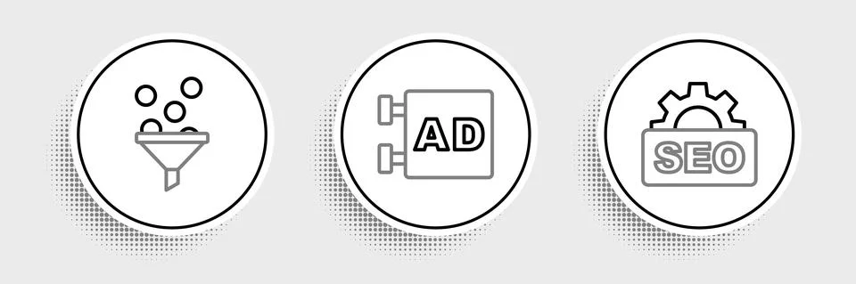 Set line SEO optimization, Lead management and Advertising icon. Vector Illustrazione stock