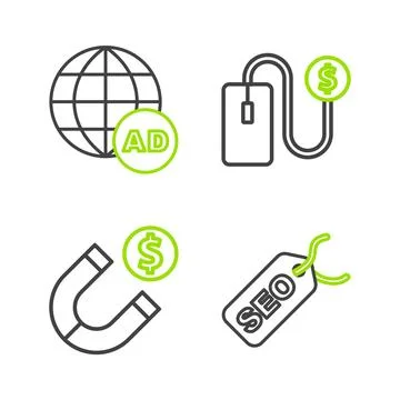 Set line SEO optimization, Magnet with money, Advertising and icon. Vector Stock Illustration