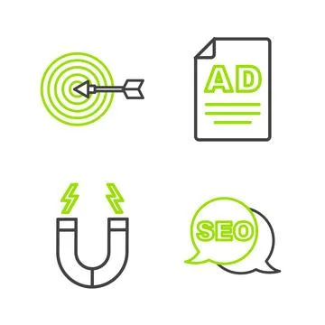 Set line SEO optimization, Magnet, Advertising and Target icon. Vector イラスト素材