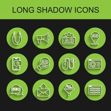 Set line SEO optimization, Mail and e-mail, Magnet, Lead management, Browser Stock Illustration