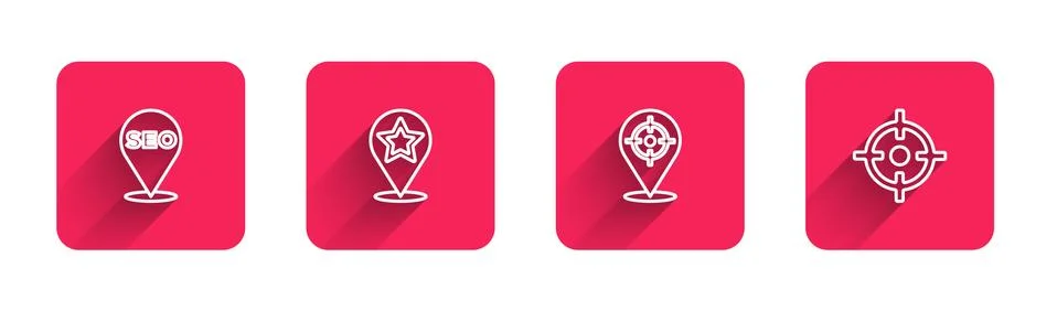 Set line SEO optimization, Map pointer with star, Target sport and with long Stock Illustration