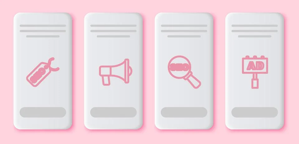Set line SEO optimization, Megaphone, and Advertising. White rectangle button イラスト素材