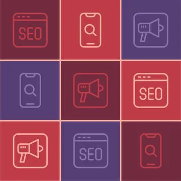 Set line SEO optimization, Megaphone and Magnifying glass and mobile icon. Ve Stock Illustration