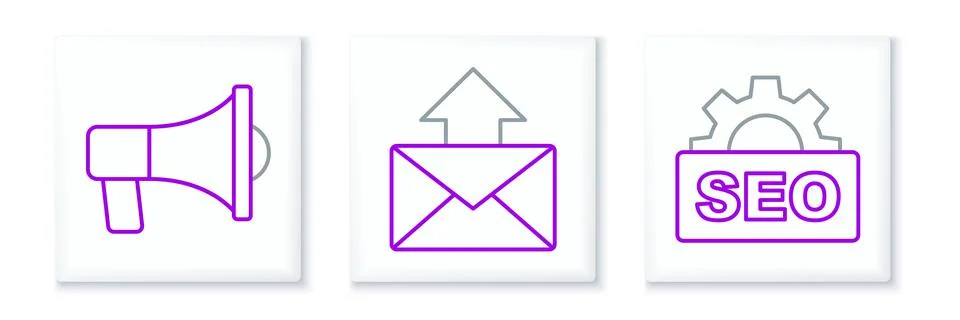 Set line SEO optimization, Megaphone and Mail and e-mail icon. Vector Stock Illustration
