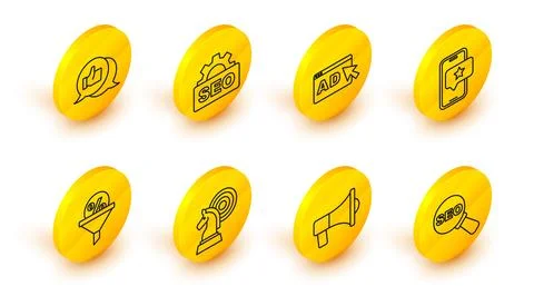 Set line SEO optimization, Megaphone, Chess, Lead management, Mobile with r.. Stock Illustration