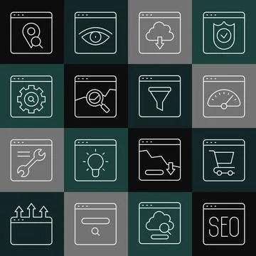 Set line SEO optimization, Online shopping screen, Digital speed meter, Cloud Ilustración de archivo