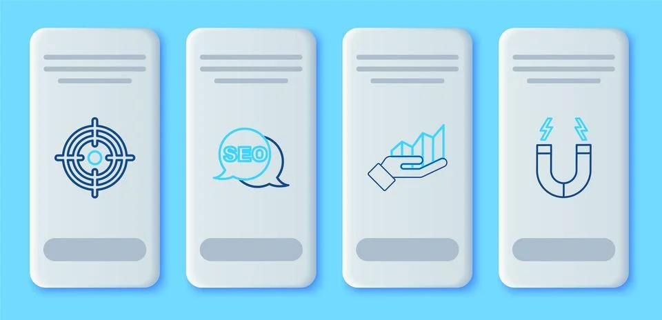 Set line SEO optimization, Pie chart infographic, Target and Magnet icon. Vector Stock Illustration