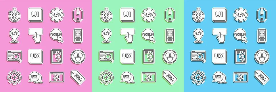 Set line SEO optimization, RGB and CMYK color mixing, UI UX design, Front end 스톡 일러스트
