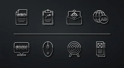 Set line SEO optimization, Social media marketing, Advertising, Target sport, Stock Illustration