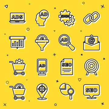 Set line SEO optimization, Target sport, Mail and e-mail, Social media marketing 스톡 일러스트