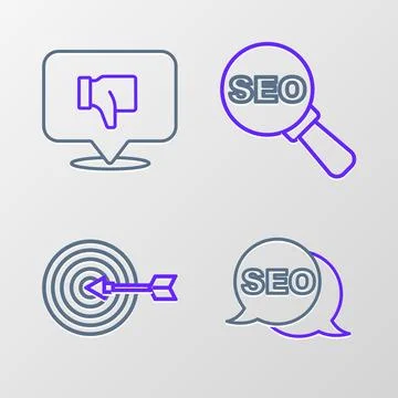 Set line SEO optimization, Target, and Dislike in speech bubble icon. Vector Illustrazione stock