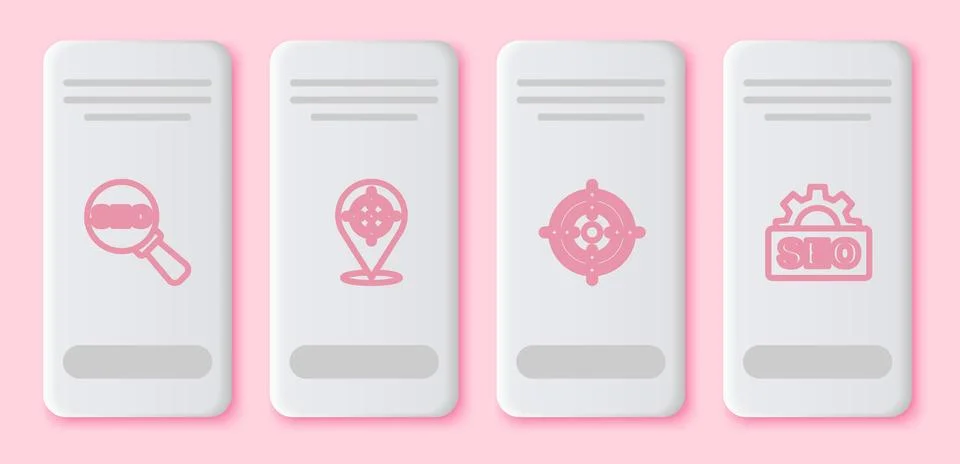 Set line SEO optimization, Target, and . White rectangle button. Vector Stock Illustration