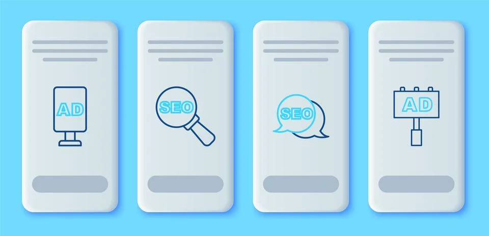 Set line SEO optimization, Target and Advertising icon. Vector Illustrazione stock