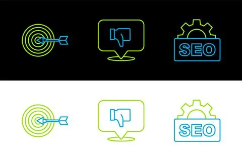 Set line SEO optimization, Target and Dislike in speech bubble icon. Vector Stock Illustration