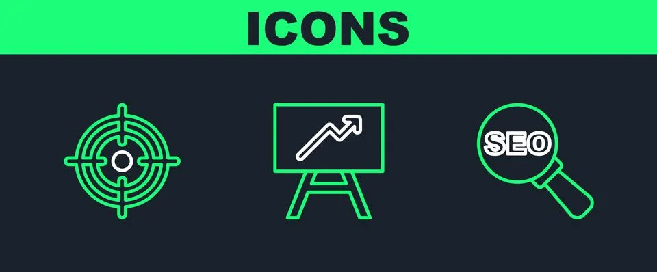 Set line SEO optimization, Target and Board with graph chart icon. Vector Illustrazione stock