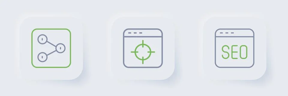 Set line SEO optimization, Target financial goal and Share icon. Vector Stockillustratie