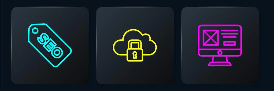 Set line SEO optimization, UI or UX design and Cloud computing lock. Black 스톡 일러스트