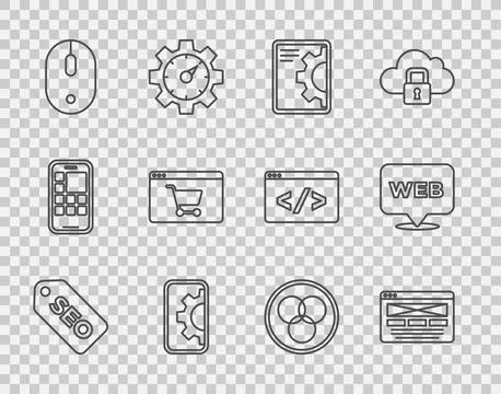 Set line SEO optimization, UI or UX design, Web development, Computer mouse.. Illustrazione stock