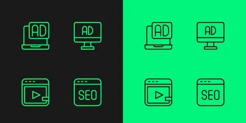 Set line SEO optimization, Video advertising, Advertising and icon. Vector Illustrazione stock