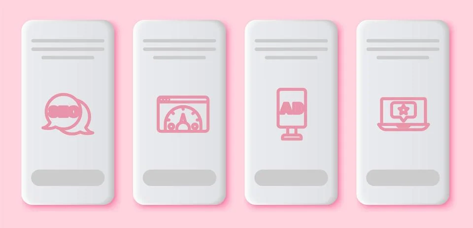 Set line SEO optimization, Website statistic, Advertising and Laptop with star Illustrazione stock