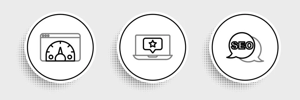 Set line SEO optimization, Website statistic and Laptop with star icon. Vecto Stock Illustration