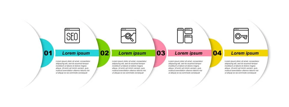 Set line SEO optimization, Website with stocks market, Browser window and Secure Stockillustratie