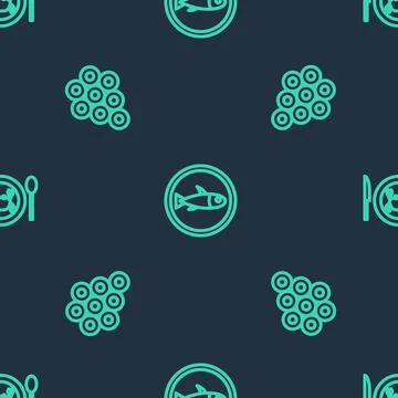 Set line Served fish on a plate, Caviar and crab on seamless pattern. Vector Illustrazione stock