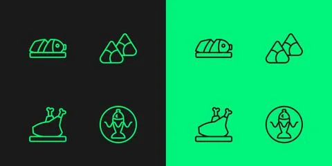 Set line Served fish on a plate, Roasted turkey or chicken, Fish with sliced Stock Illustration