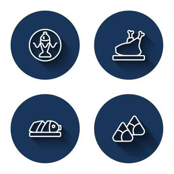 Set line Served fish on a plate, Roasted turkey or chicken, Fish with sliced  Stock Illustration