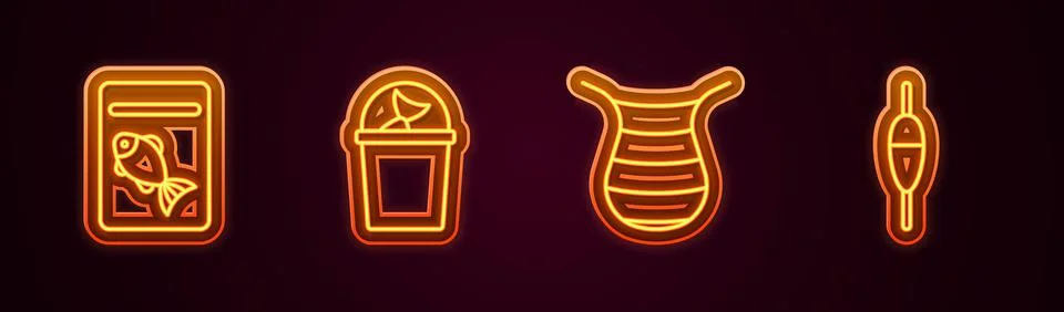 Set line Served fish on plate, Fishing bucket with, net and float. Glowing neon Stock-Illustration