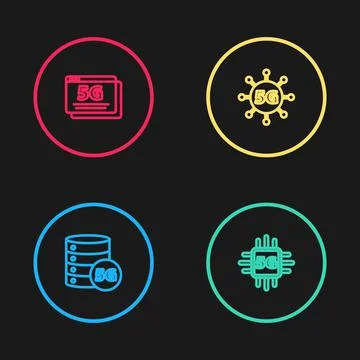 Set line Server 5G network, Processor, and icon. Vector Stock Illustration