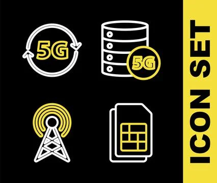 Set line Server 5G network, Sim card, Antenna and  icon. Vector Stock Illustration
