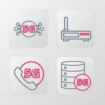 Set line Server 5G network, Phone with, Router and wi-fi signal and  icon. .. Stock Illustration