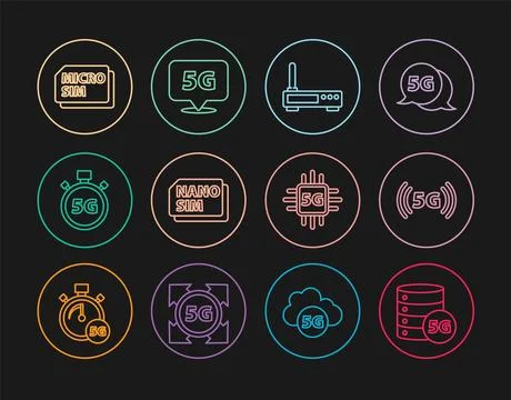 Set line Server 5G network, Router and wi-fi signal, Nano Sim Card, Digital.. Stock Illustration