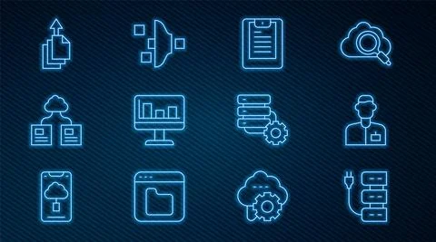 Set line Server, Analyst engineer, Data report, Monitor with graph chart, Cloud Stock Illustration
