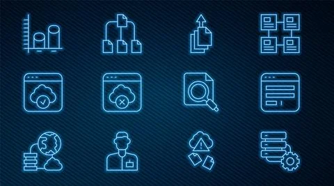 Set line Server and gear, Browser window, Data export, Failed access cloud Stock Illustration