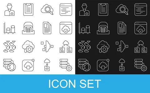 Set line Server and gear, Cloud technology data transfer, Search cloud computing 스톡 일러스트