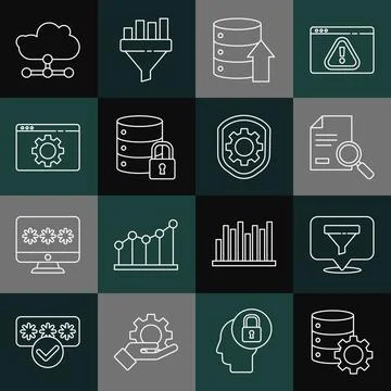 Set line Server and gear, Location with sales funnel, Document search, Server Stock Illustration