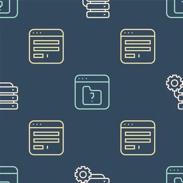 Set line Server and gear, Browser window and File missing on seamless pattern Illustrazione stock