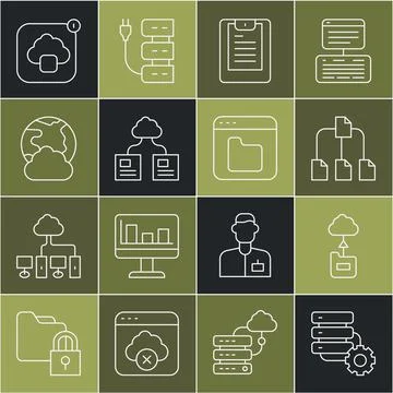 Set line Server and gear, Cloud technology data transfer, Folder tree, Server Stock Illustration