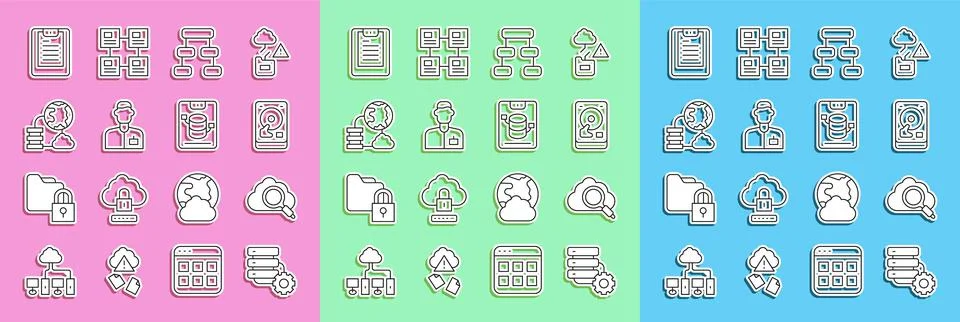Set line Server and gear, Search cloud computing, Hard disk drive HDD, Hierarchy Stock Illustration