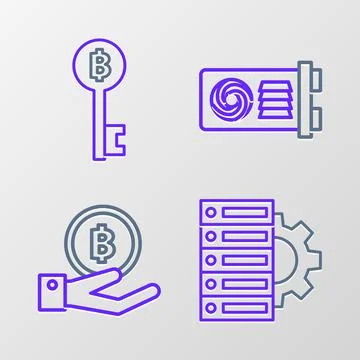 Set line Server and gear, Hand holding Bitcoin, Mining farm and Cryptocurrency Illustrazione stock