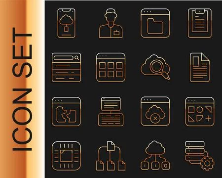 Set line Server and gear, Different files, File document, Browser, Search engine Stock Illustration