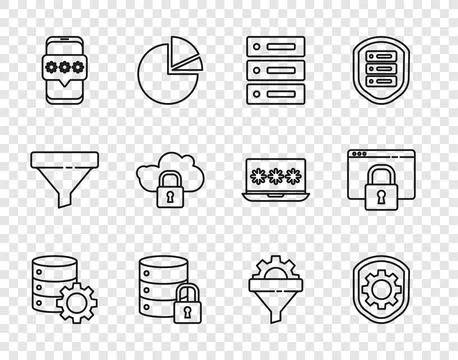 Set line Server and gear, Shield with settings, Server, Data, Web Hosting Illustration