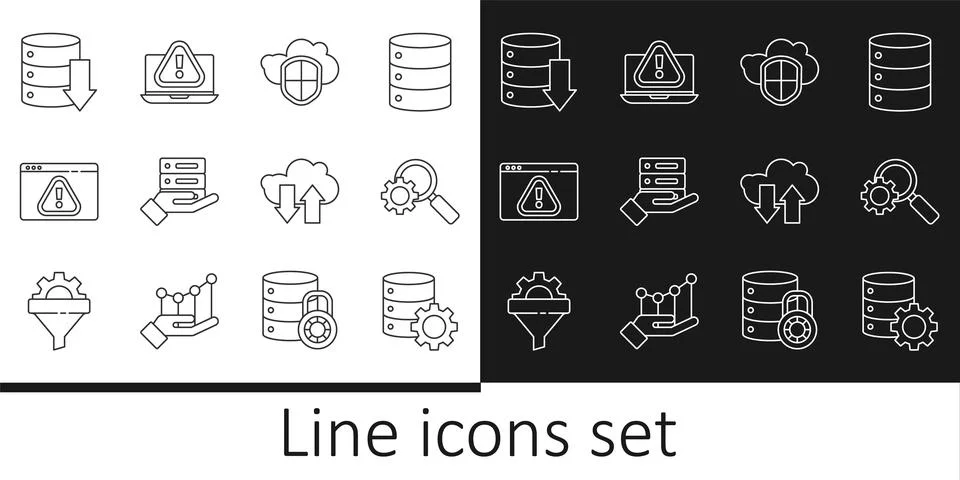 Set line Server and gear, Magnifying glass, Cloud shield, Server, Data, Web Illustrazione stock