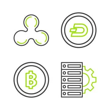 Set line Server and gear, Cryptocurrency coin Bitcoin, Dash and Ripple XRP .. Illustrazione stock