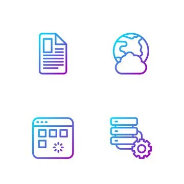 Set line Server and gear, Loading data window, File document and Social net.. Stock Illustration