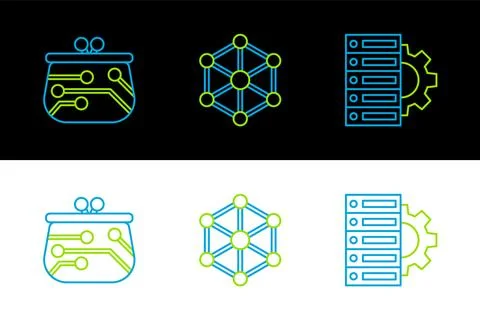 Set line Server and gear, Cryptocurrency wallet and Blockchain technology i.. Illustrazione stock