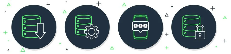 Set line Server and gear, Mobile password, Server, Data, Web Hosting and se.. Stock Illustration